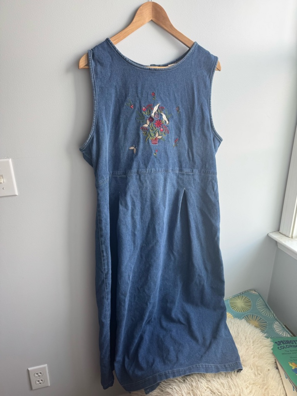 Vintage 90s Woolrich Blue Cotton Denim Embroidered Dress